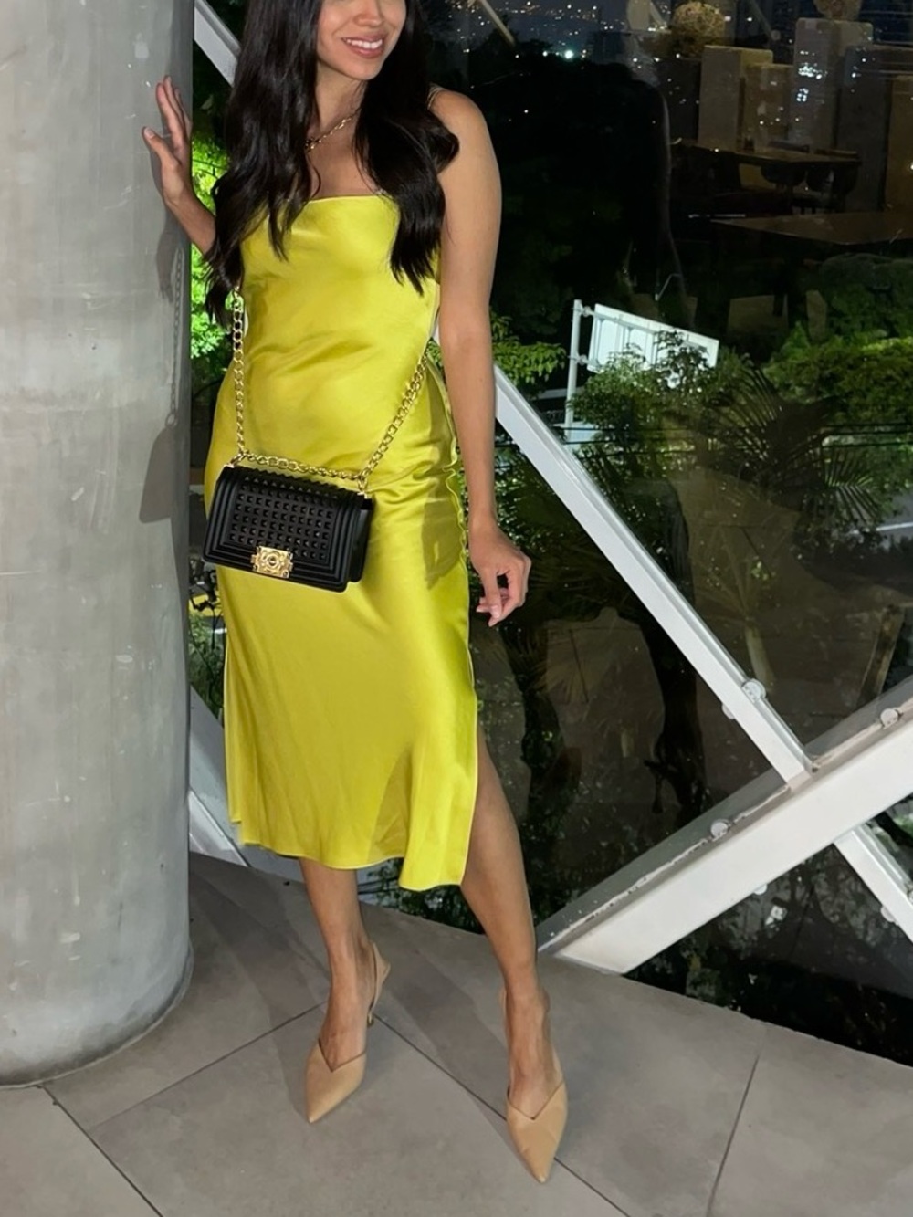 Lime Green Satin Midi Dress